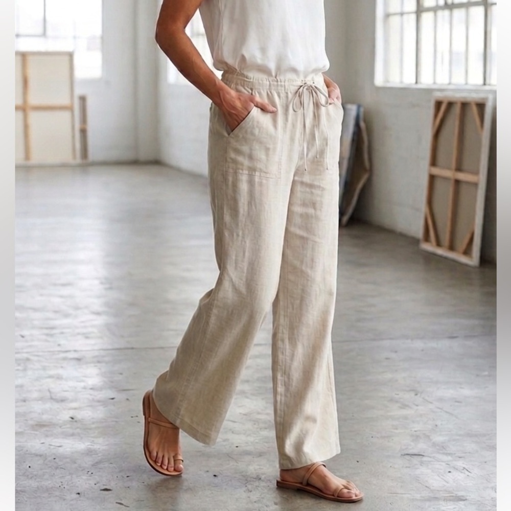 London Jean Linen Pants Beige Wide Leg Drawstring Woman L Casual Coastal